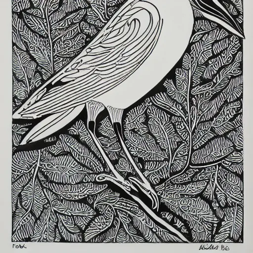 Image similar to magpie, detailed intricate block print, 4k, black ink on white paper