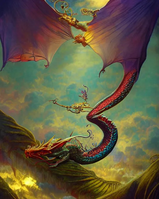 Image similar to a beautiful dragon in a morning dreamland, coherent design, symmetrical, vivid color, complementary color, golden ratio, detailed, sharp lines, intricate, rainbowshift, by james gurney, by brian froud, by peter mohrbacher, by alphonse mucha, by maxfield parrish, by karol bak, deviantart, octane render