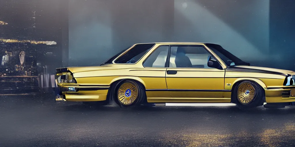 Prompt: a design of a bmw e30, designed by Polestar, blade runner background, iridescent blue car paint, wrapped in extremely ornate and intricate golden leaf, black windows, dramatic lighting, hyper realistic render, depth of field, 8k, rendered in octane