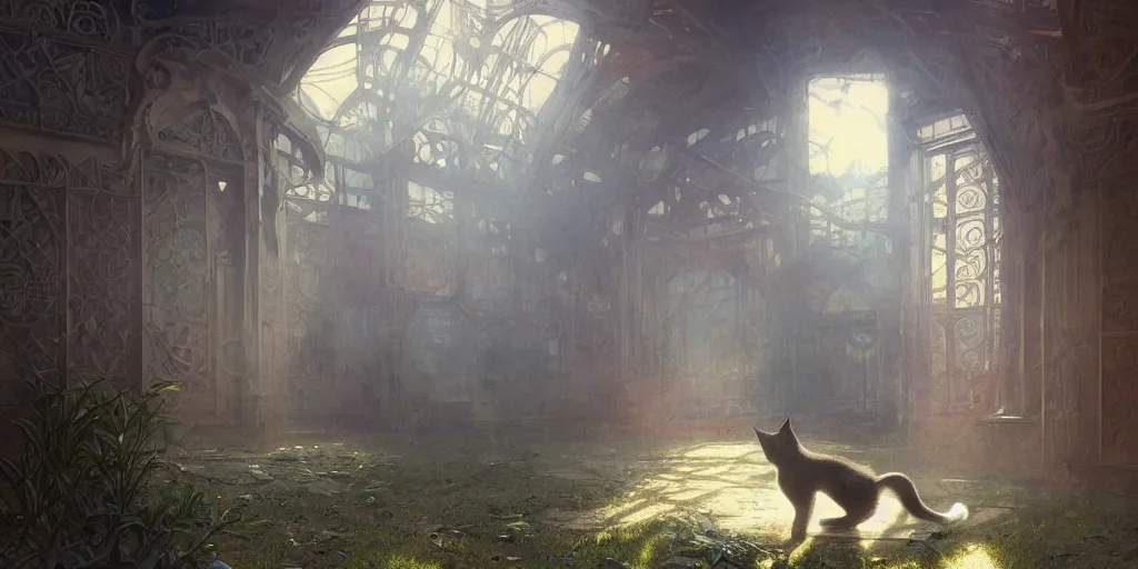 Prompt: cat enters abandoned derelict stadium, volumetric rays, wide angle, cinematic lighting, intricate, elegant, highly detailed, digital painting, artstation, sharp focus, illustration, art by artgerm and greg rutkowski and alphonse mucha and Wayne Barlowe and william-adolphe bouguereau