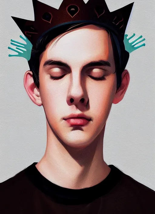 Image similar to portrait of teenage jughead jones wearing a light grey crown, crown, hamburger background, eyes closed, crown, black hair, intricate, elegant, glowing lights, warm lighting, highly detailed, digital painting, artstation, concept art, smooth, sharp focus, illustration, art by wlop, mars ravelo and greg rutkowski