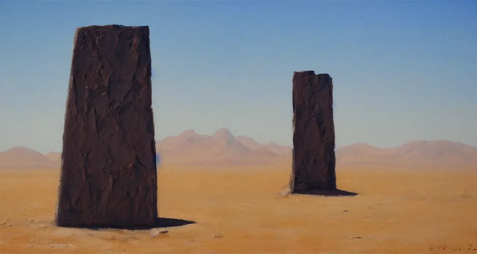 Prompt: a very tall metal monolith in the desert, beautiful painting, oil on canvas, by ewa czarniecka, award winning masterpiece,