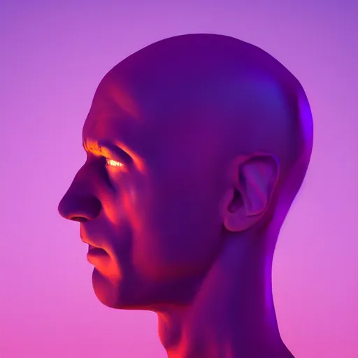 Image similar to a man's head is shown with a purple background, an album cover by beeple, cgsociety, cubo - futurism, darksynth, parallax, rendered in cinema 4 d,