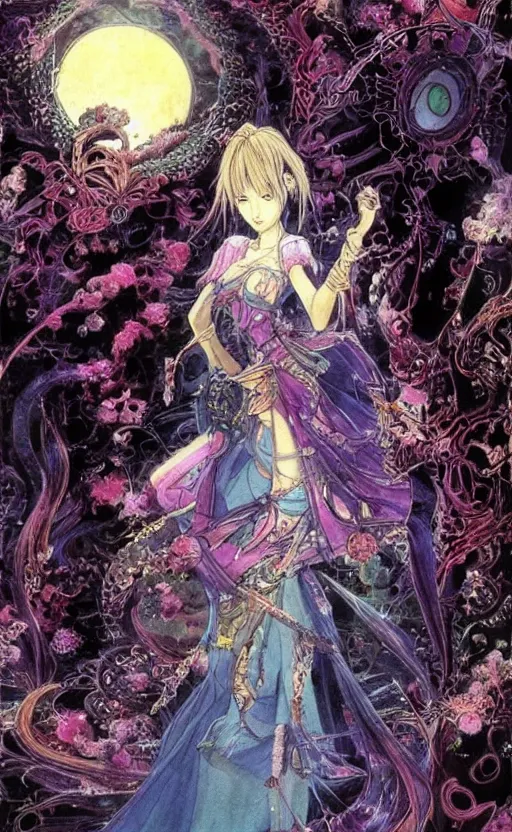 Image similar to lush, dreamlike animation still based on the art of yoshitaka amano ( final fantasy ) from 1 0 0 1 nights ( 1 9 9 8 ), dir. mike smith, hyperion studio