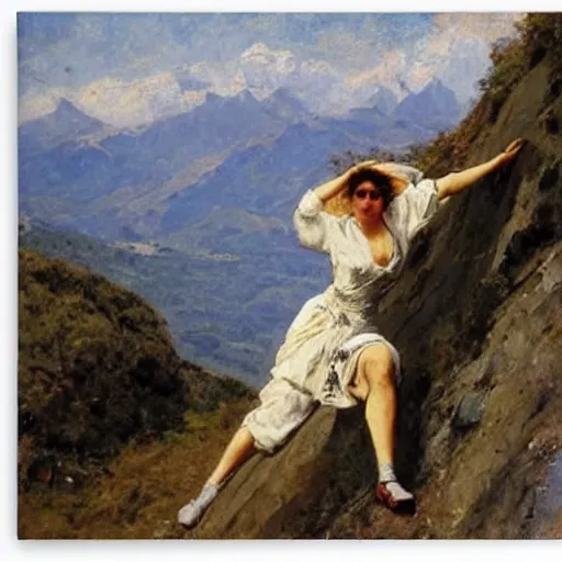 Image similar to woman in torn clothes climbing a mountain by alfred stevens