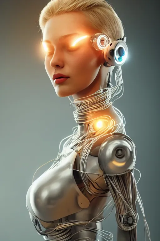 Image similar to a beautiful woman with blonde hair wearing robot suit with wires and light, highly detailed, photorealistic, artstation, smooth