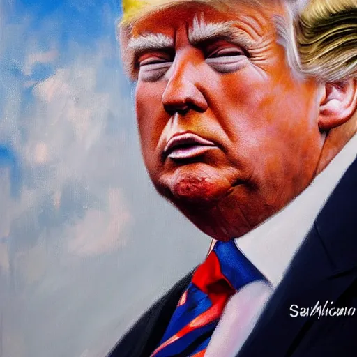 Image similar to perfect, realistic oil painting of Donald Trump, by Sakimichan, by an American professional senior artist, Hollywood concept, dynamic composition and motion, postproduction.