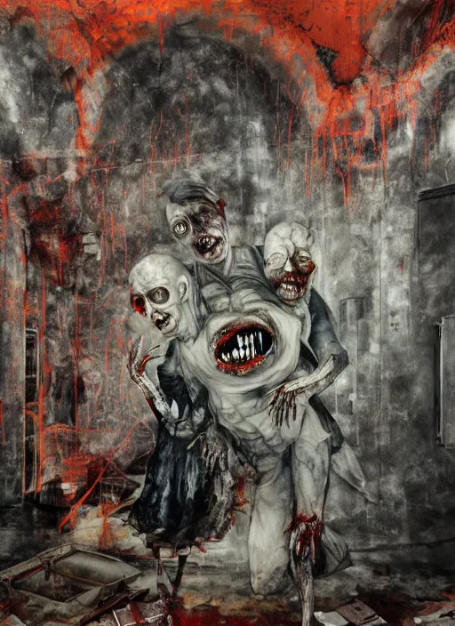 Prompt: two dark figures laughing inside a decayed Romanian hospital room, gothic, rich deep colors. intricate artwork in the style of Francis bacon and James jean, part by Gerhard Richter, part Petra cortright, highly detailed, very coherent, horror, rich colours