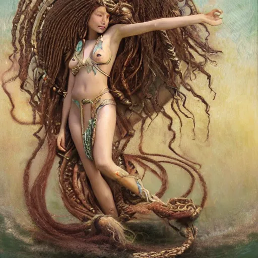 Image similar to birth of mami wata, sumerian goddess inanna ishtar, ashteroth, techno mystic goddess princess intergalactica, with aqua neon rapunzel dreadlocks, mami wata, detailed, by gaston bussiere, bayard wu, greg rutkowski, giger, maxim verehin, greg rutkowski, masterpiece, sharp focus,