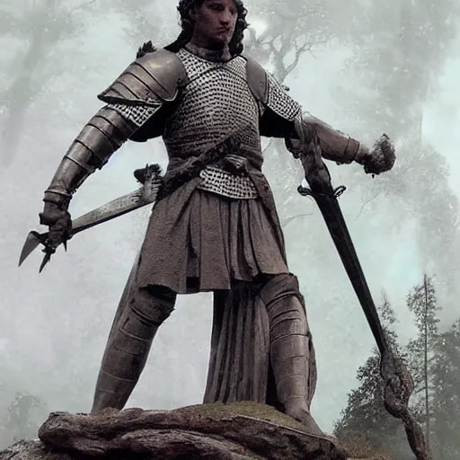 Prompt: old stone statue of a young, handsome prince ( dougray scott ) in a 1 1 th century costume ( with armor and sword ) - in front of an ancient, dark!!!, legendary forrest. natural lights, atmospheric, detailed, realistic, intricate. fantasy concept art by artgerm, cushart krenz, greg rutkowski, mucha.