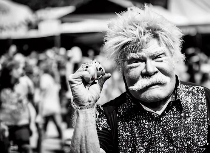 Prompt: photo still of rip taylor at vans warped tour!!!!!!!! at age 6 3 years old 6 3 years of age!!!!!!! throwing bees at a crowd, 8 k, 8 5 mm f 1. 8, studio lighting, rim light, right side key light