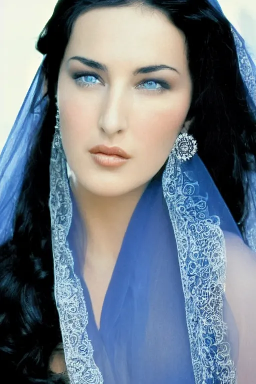 Image similar to young arab Monica Bellucci, blue eyes, long wavy black hair, white veil, closeup, focus, light makeup