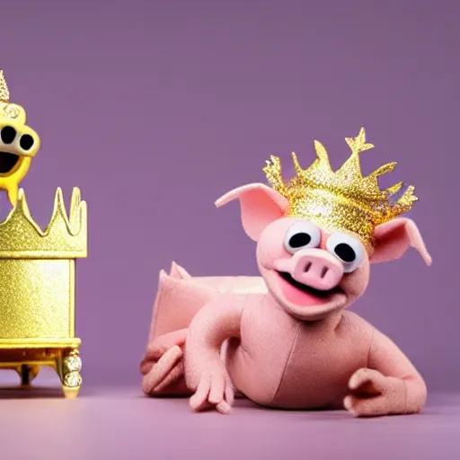 Prompt: pig wearing a gold crown depicted as a muppet holding box 8k