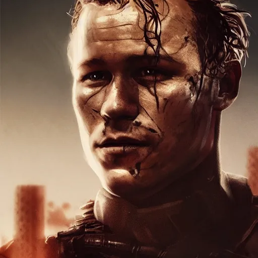 Prompt: heath ledger portrait, dystopia core, apocalyptic, armor, warrior, dramatic, sharp focus, fiction, neon, fantasy, hyper detailed, digital art, trending in artstation, cinematic lighting, studio quality, smooth render, unreal engine 5 rendered, octane rendered, art style and nixeu and wlop and krenz cushart