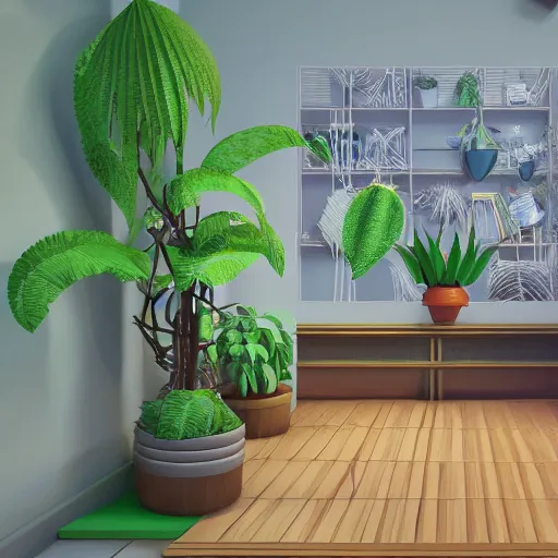 Prompt: a digital painting of a room containing a swaying potted plant and a radio, a low poly render by edward okun, symmetry, polycount, computer art, vaporwave, # screenshotsaturday, voxel art