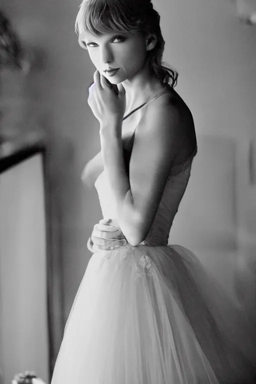 Image similar to waist - up photo of taylor swift in a beautiful wedding dress, focus on face and facial details