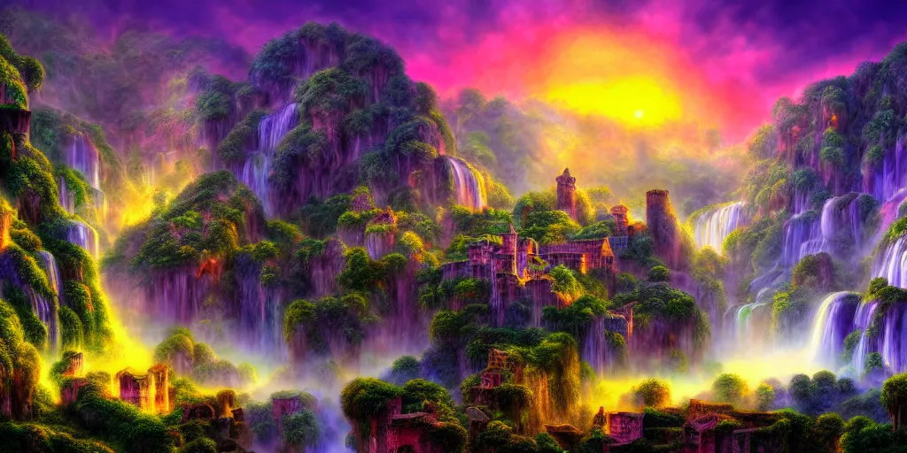 Prompt: misty village in a waterfall valley at sunrise, ancient ruins, fantasy, precise and incredibly highly detailed intricate 8 k wallpaper, lisa frank dali hr giger, long shot, crisp vibrant colorful and intricate stunning award winning masterpiece trending on artstation beautiful