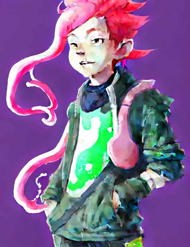 Image similar to a beautiful fullbody portrait of a cute splatoon anime boy with pink hair and green eyes wearing sports clothing leggings. character design by cory loftis, fenghua zhong, ryohei hase, ismail inceoglu and ruan jia. artstation, volumetric light, detailed, photorealistic, fantasy, rendered in octane