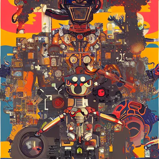 Image similar to Automaton, fire spirit, K-VRC, Love Death and robots, Pathfinder, Robot, Overload, art by Graey Erb, full shot, pop art