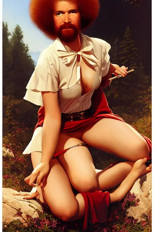 Prompt: bob ross artwork by j c gil elvgren