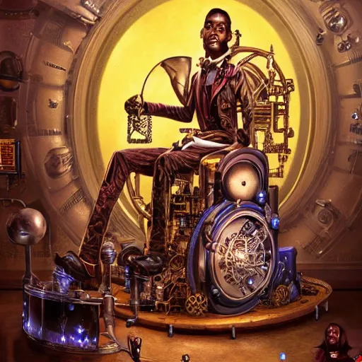 Image similar to an african scientist with an enormous!!!! head in a very decadent and ornate steampunk wheelchair, in a steampunk alchemy lab, by android jones and greg rutkowski and fernando botero in a surreal portrait style, wide angle dynamic portrait, rim lighting, neon blacklight color scheme, rendered in unreal engine 5