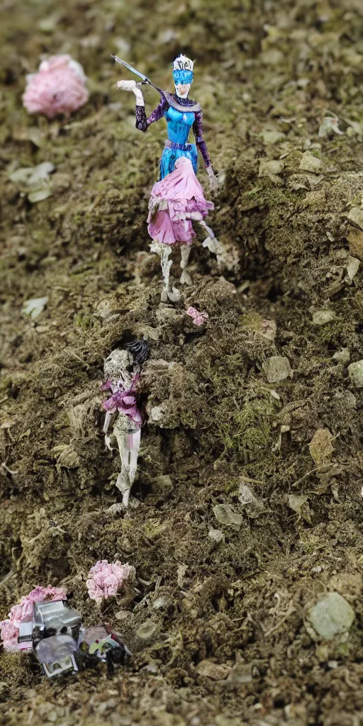 Prompt: plastic princess figure diorama in dirt and moss, secondhand, mcfarlane, cursed photography, middle shot by kazuma kaneko