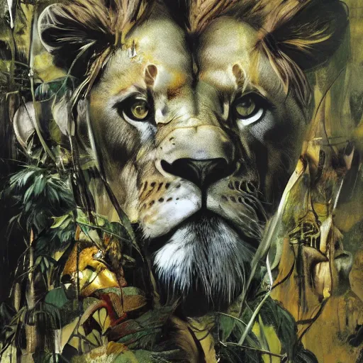 Image similar to lion in the jungle by dave mckean and yoji shinkawa, oil on canvas