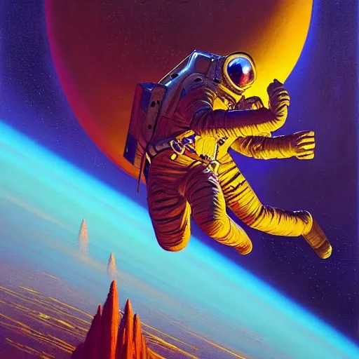 Prompt: astronaut flying with hyper speed and cutting reality dimensions, tim hildebrandt, bioluminescent neon, bruce pennington, donato giancola, larry elmore, oil on canvas, masterpiece, trending on artstation, featured on pixiv, cinematic composition, dramatic pose, beautiful lighting, sharp, details, hyper - detailed, hdr, 4 k, 8 k