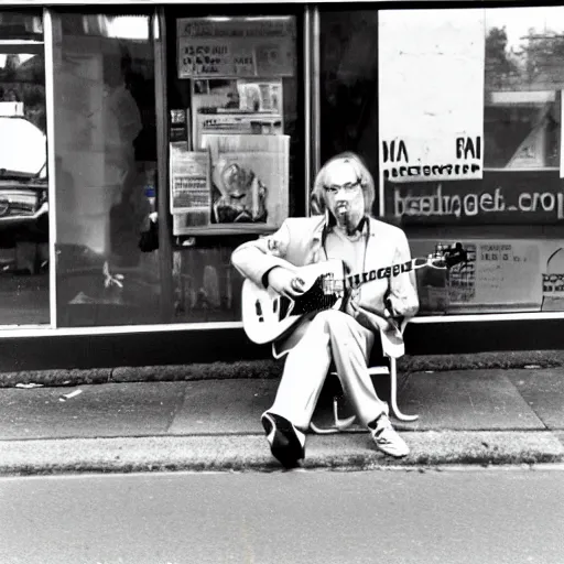 Image similar to hugh hopper on a street corner eating an orange and sipping pepsi