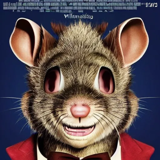 Prompt: movie poster of an anthropomorphic singing rat, starring william dafoe