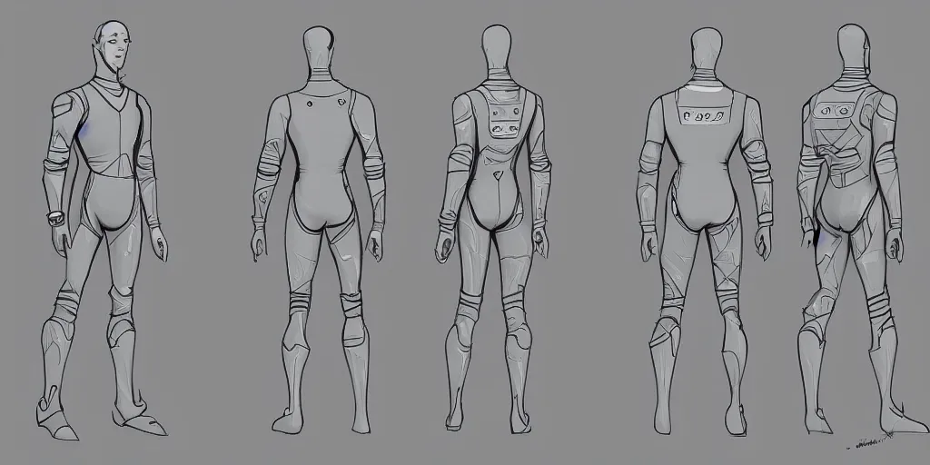Prompt: male, space suit, character sheet, digital sketch, very stylized, large shoulders, short torso, long thin legs, cartoon proportions, tiny feet, concept design, by jean giraud