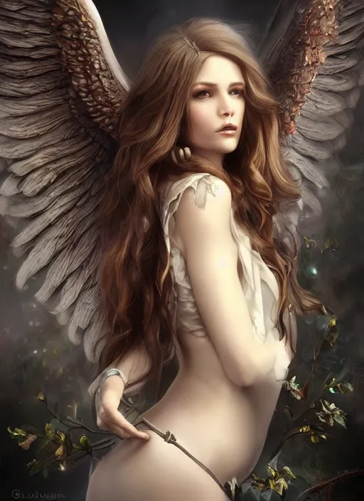 Image similar to a beautiful woman archangel big wings, full body, 8 k, hyperrealistic, hyperdetailed, beautiful face, long hair, dark fantasy, fantasy portrait by laura sava