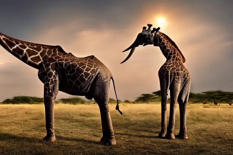 Prompt: a giraffe elephant!!! hybrid! hyper realistic!! realistic lighting!! wildlife photographer of the year!!! bold natural colors, national geographic, hd, wide angle, 8 k