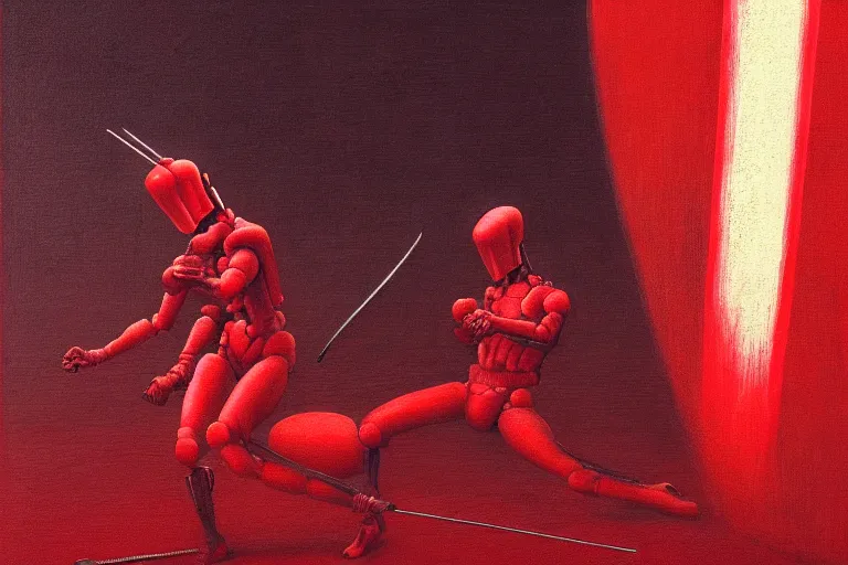 Image similar to only with red, a red cyborg samurai, tokio futuristic in background, some evil yokai fight, in the style of beksinski, parts by edward hopper, parts by rodcenko, parts by yue minjun, intricate and epic composition, red by caravaggio, insanely quality, highly detailed, masterpiece, red light, artstation, 4 k