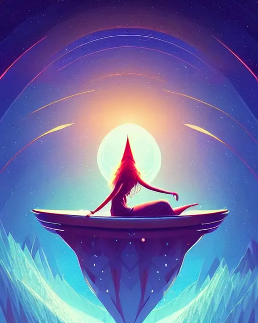 Image similar to beautiful painting of elven on a flying bed, art by mike winkelmann and by petros afshar, sky night, illustration, highly detailed, simple, smooth and clean vector curves, no jagged lines, vector art, smooth, artstation, blue color scheme