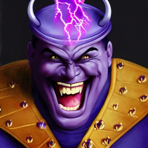 Prompt: M. Bison laughing with big white smile, full body portrait, surrounded by purple lightning, highly detailed painting, concept art