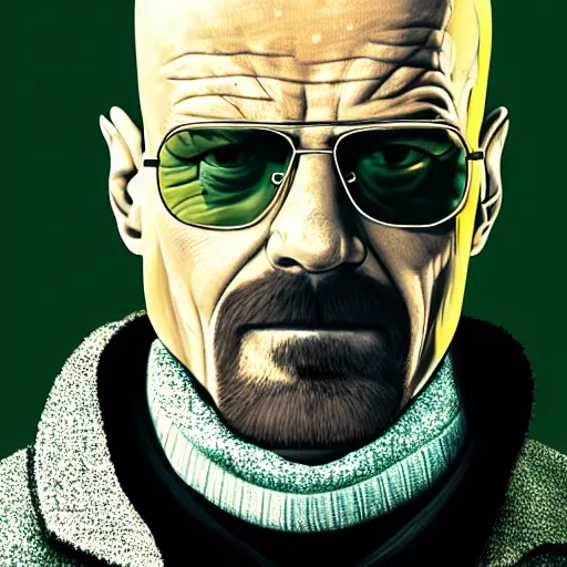 Prompt: Walter White with aviators and a grey beanie while wearing a black turtleneck and plaid green blazer with golden chains around his neck, Realistic, 4k Resolution, 8k Resolution, Detailed, Very Detailed, Highly Detailed, HD Quality, Digital Art, Trending on Artstation, in the style of James Lee, Headshot