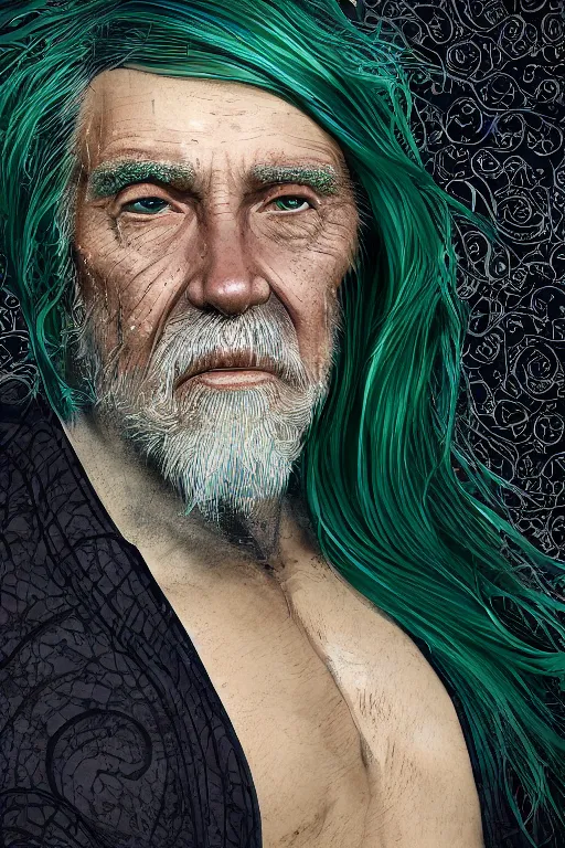 Image similar to portrait of a old man with cracked manatee skin. dark blue-green hair, shaved, dark flower pattern wallpaper background, high detail, by Eddie Mendoza