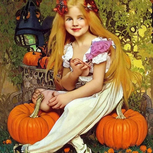 Image similar to a happy little girl with long straight golden blonde hair sitting amidst halloween decor, skulls and pumpkins. beautiful highly detailed face, beautiful painting by alphonse mucha and norman rockwell