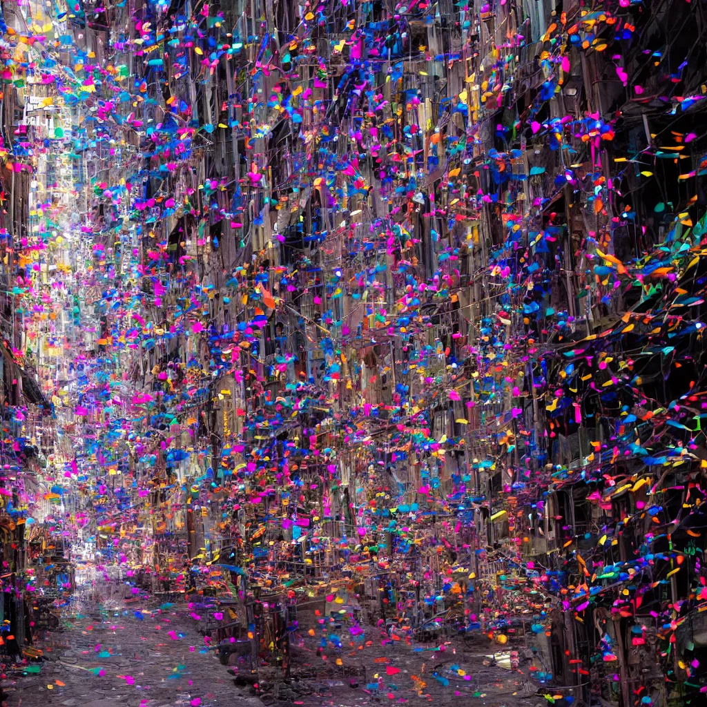 Prompt: thin streamers of multi-colored glitter floated in the narrow streets of a cyberpunk city