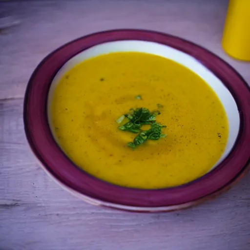 Prompt: photo of yellow soup