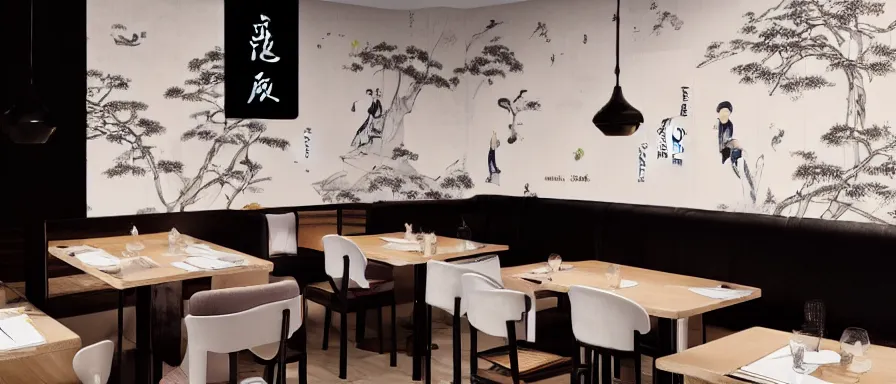 Image similar to a beautiful simple interior 4 k hd wallpaper illustration of small roasted string hotpot restaurant restaurant yan'an, illustrative style, from china, wallpaper with tower mountains, rectangle white porcelain table, black chair, fine simple delicate structure, animation style, simple style structure decoration design, victo ngai, 4 k hd