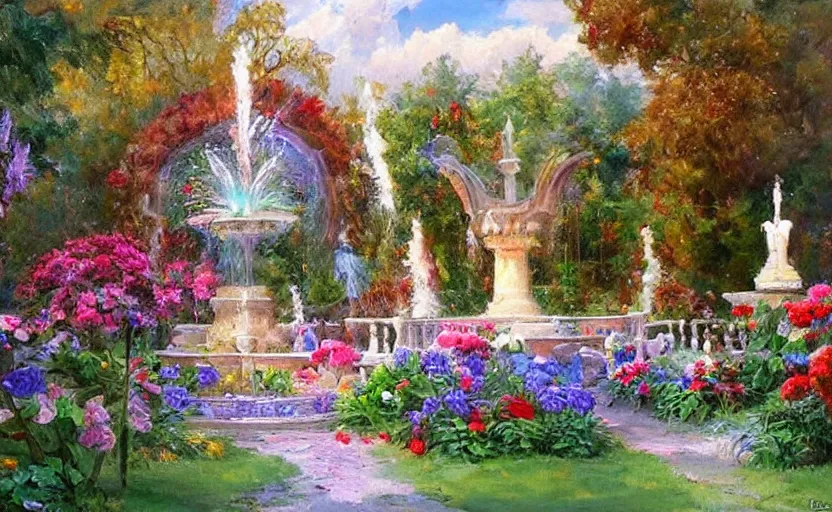 Prompt: Beautiful garden, next to a fountain and a mystical palace. By Konstantin Razumov, horror scene, highly detailded