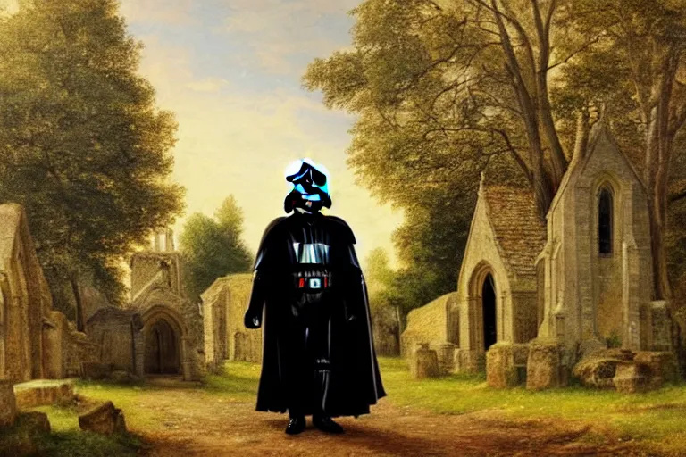 Image similar to a detailed oil painting of darth vader leaving a medieval flint church,, quaint english, churchyard, trees, golden hour