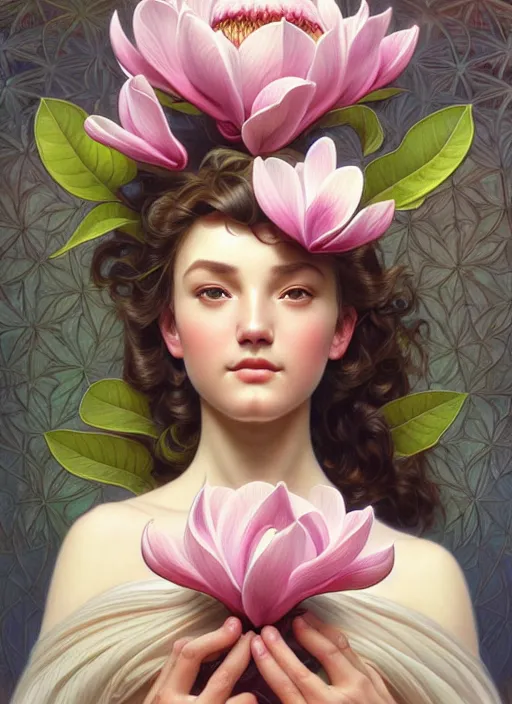 Image similar to perfectly detailed magnolia flowers!! blessed by nature with ever - increasing physical mental perfection, symmetrical! intricate, sensual features, highly detailed, biblical divine holy perfection!! digital painting, artstation, concept art, smooth, sharp focus, illustration, art by artgerm and greg rutkowski and alphonse mucha