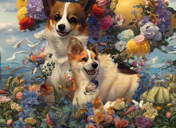 Prompt: beautiful painting of a corgi summer party, by Gerald Brom, James Jean, Krenz Cushart, Yuumei, Death Burger. trending on Artstation, 8k, masterpiece, graffiti paint, fine detail, full of color, intricate detail, golden ratio illustration