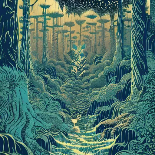 Prompt: linocut print of fantasy forest, amazing art, highly detailed, intricate, color, masterpiece, by victo ngai, craig mullins,