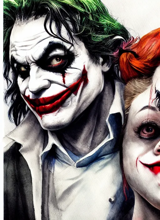 Prompt: portrait, The Joker and Harley Quinn, watercolor, dramatic lighting, cinematic, establishing shot, extremly high detail, foto realistic, cinematic lighting, pen and ink, intricate line drawings, by Yoshitaka Amano, Ruan Jia, Kentaro Miura, Artgerm, post processed, concept art, artstation, matte painting, style by eddie mendoza, raphael lacoste, alex ross