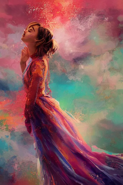 Image similar to a ultra detailed beautiful painting of ana de armas, wearing a colorful flowing dress, high angle shot, oil painting, by ilya kuvshinov, greg rutkowski and makoto shinkai