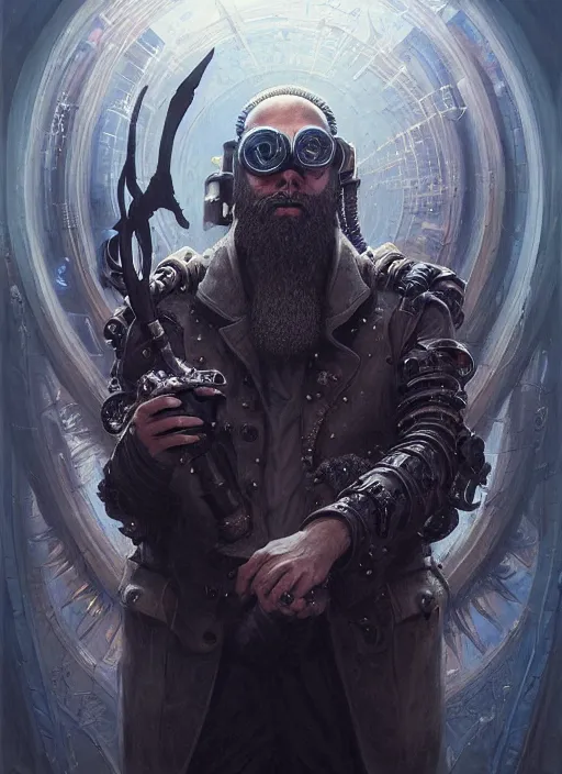 Image similar to portrait of a cyberpunk bearded king, grim - lighting, high - contrast, intricate, elegant, highly detailed, centered, digital painting, artstation, concept art, smooth, sharp focus, illustration, artgerm, tomasz alen kopera, peter mohrbacher, donato giancola, joseph christian leyendecker, wlop, boris vallejo